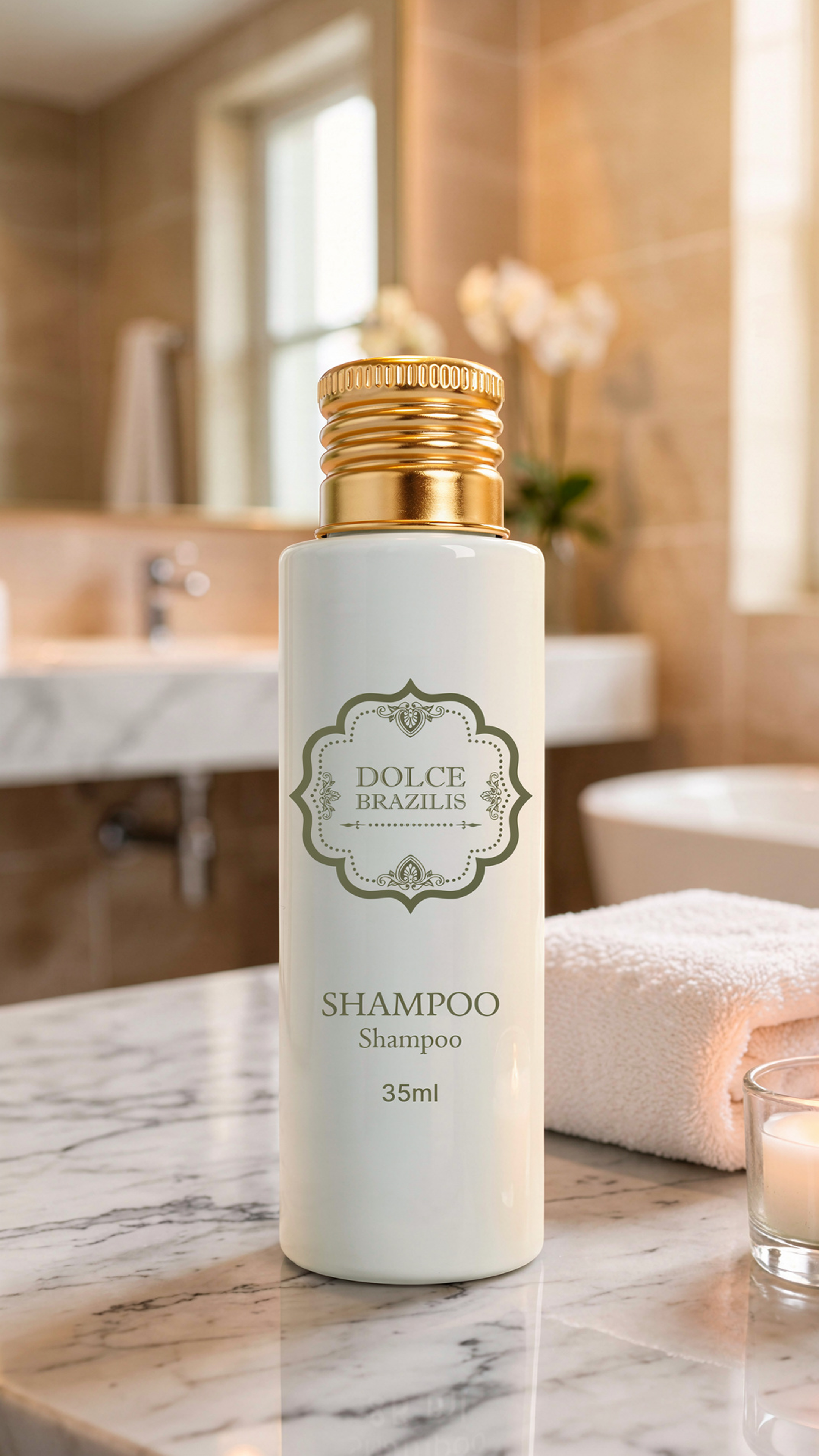 Frasco de shampoo dourado Dolce Brazilis